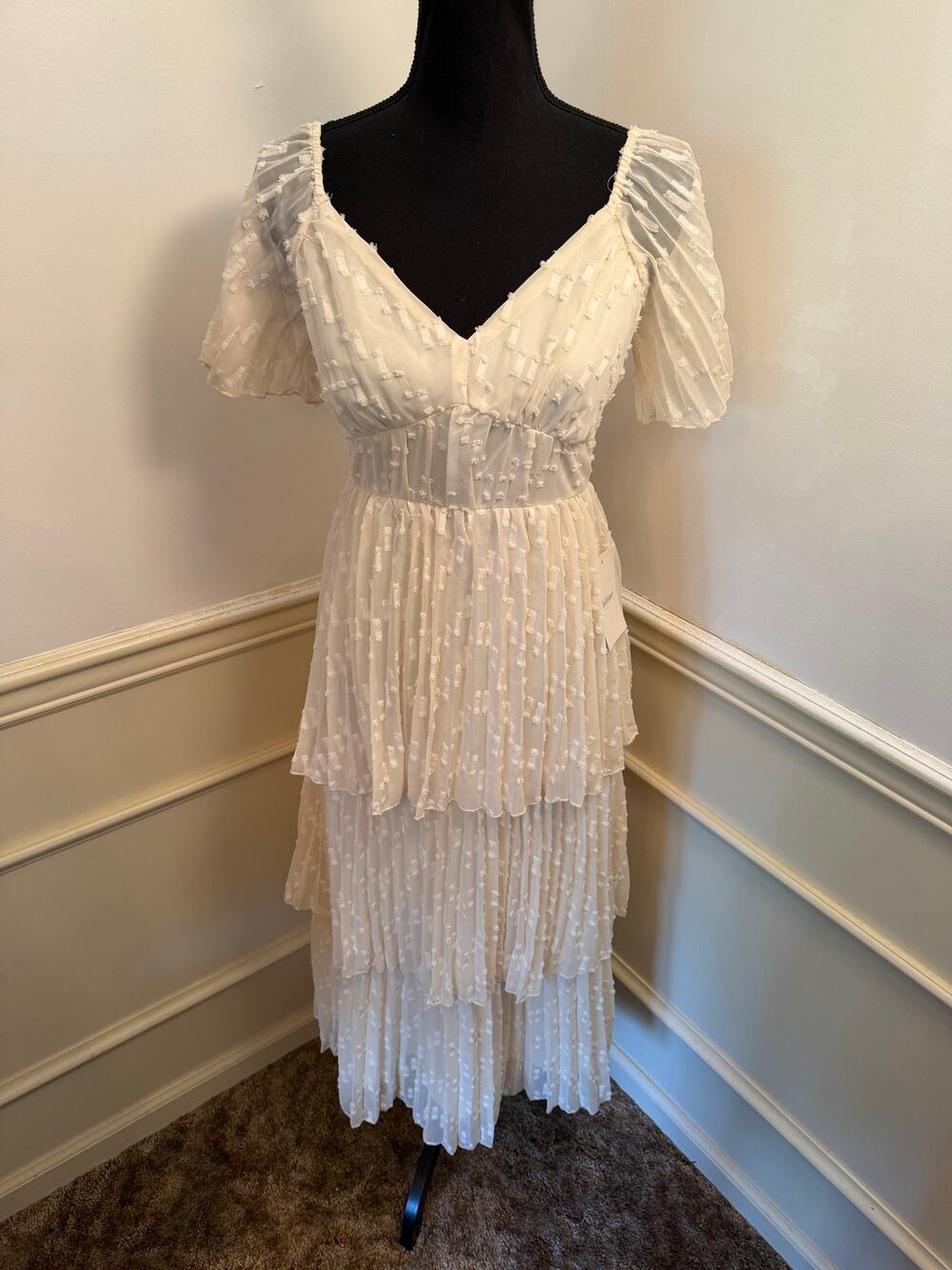 NWT Bohme Hallie Pleated Tiered Midi Dress Cream White Boho Bridal Romantic